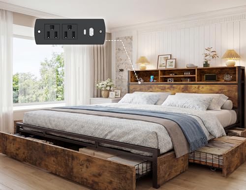 King Bed Frame with 6 Storage Drawers, Charge Station,Noise-Free