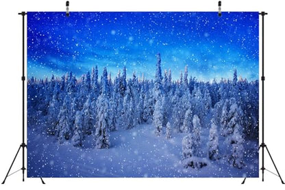 BELECO 5x5ft Fabric Winter Snow Forest Backdrop Snowy Pine Forest Snowflakes Blue Winter Wonderland Background Christmas Party Decorations Banner Photo Video Props - size: 5x5FT