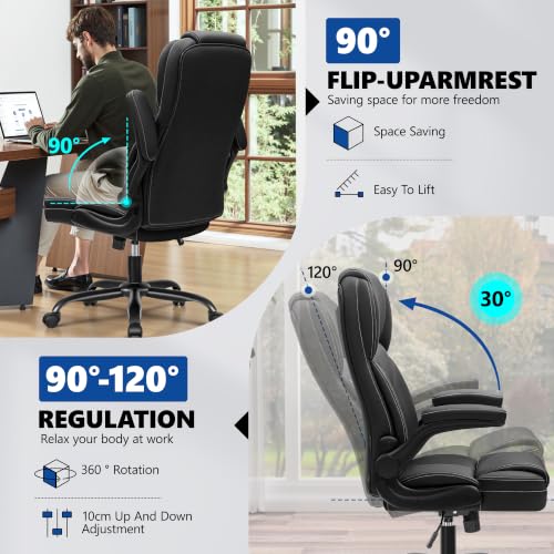 PU Leather Office Chair Desk Chair with Flip-up Armrests, Black