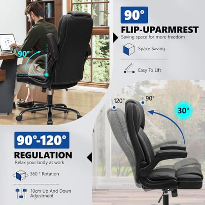 PU Leather Office Chair Desk Chair with Flip-up Armrests, Black