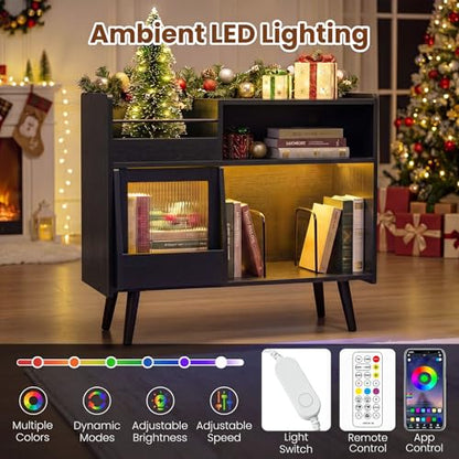 Large Record Player Stand with LED Light & Sliding Door, Black