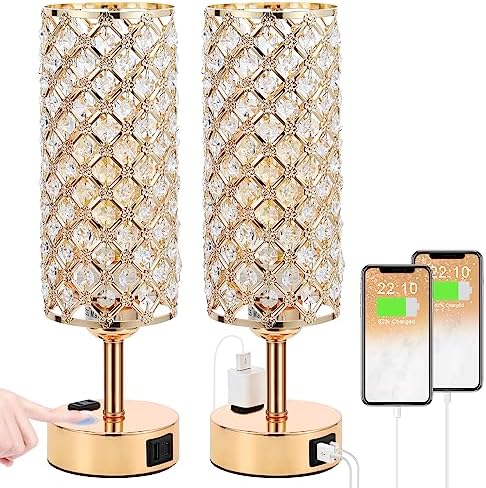 Hong-in Gold Lamps Set of 2, Dimmable Gold Lamps for Nightstand with USB-C+A & AC Charging Ports, 3-Way USB Crystal Lamp, Bedside Desk Light for Bedroom Living Room Home Office(Bulb Included)