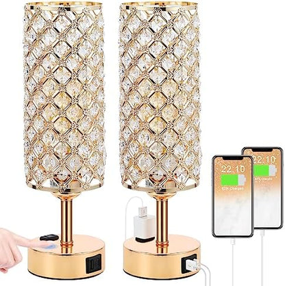 Hong-in Gold Lamps Set of 2, Dimmable Gold Lamps for Nightstand with USB-C+A & AC Charging Ports, 3-Way USB Crystal Lamp, Bedside Desk Light for Bedroom Living Room Home Office(Bulb Included)