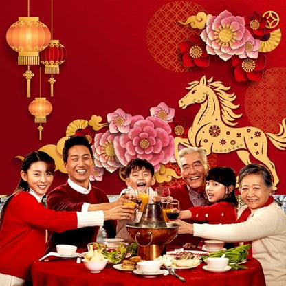 AOFOTO 5x3ft Happy Chinese New Year Backdrop China Spring Festival Lunar Year of The Horse Decoration Banner Paper Cut Flowers CNY Lanterns 2026 Background Party Supplies Photoshoot Studio Props - size: 5x3ft