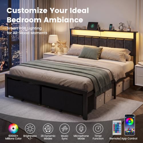 Queen Size Bed Frame with Upholstered Headboard and 2 Storage Drawers