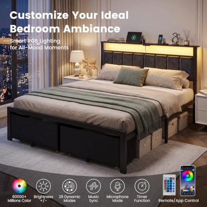 Queen Size Bed Frame with Upholstered Headboard and 2 Storage Drawers