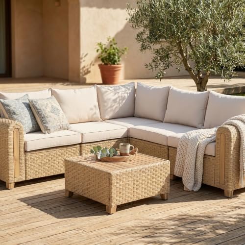 6-Piece Patio Wicker Modular Sectional Set with Acacia Wood Accents