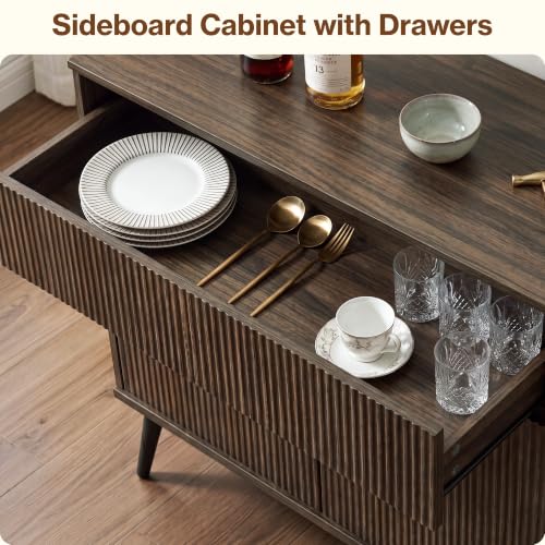 92" Large Fluted Sideboard Buffet Cabinet, Walnut.