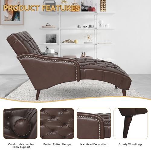 PU Leather Chaise Lounge Chair Indoor, Side Armrest, Dark Brown
