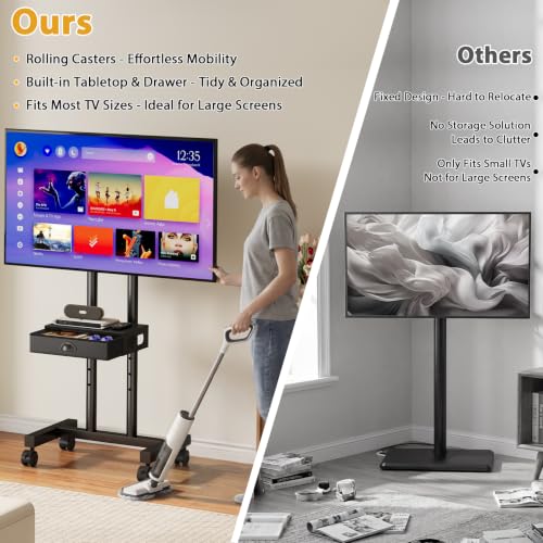 Rolling TV Stand with Drawer for 32-75 Inch TVs, Adjustable Storage Shelf
