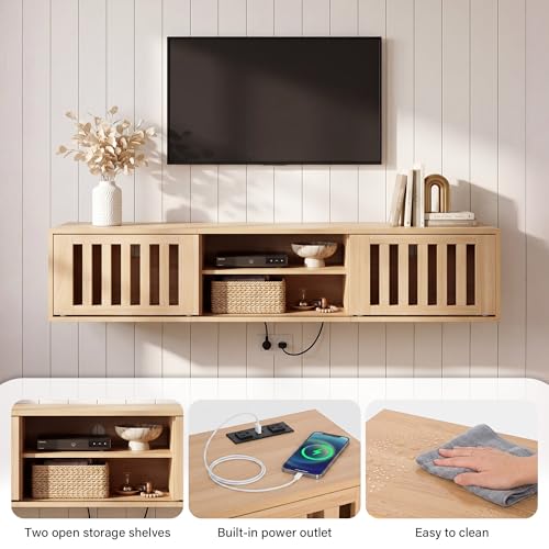 58" Floating TV Stand Wall Mounted with Power Outlet, Natural