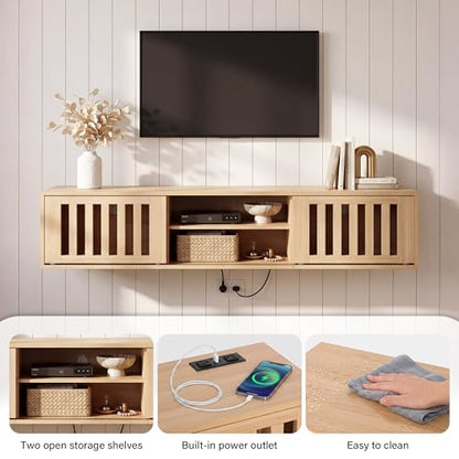 58" Floating TV Stand Wall Mounted with Power Outlet, Natural