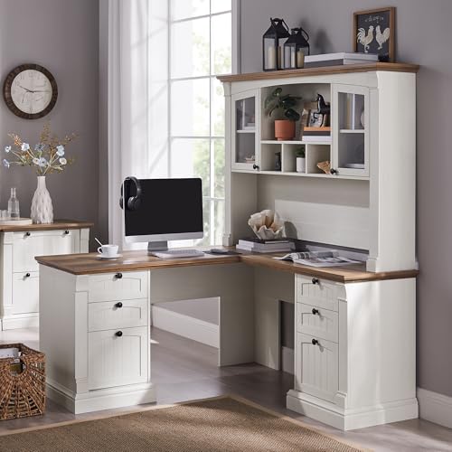 60" L Shaped Farmhouse Executive Desk with Hutch, Antique White