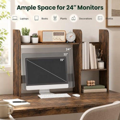 Extendable Desktop Bookshelf, Dorm Desk Hutch (Rustic Brown)