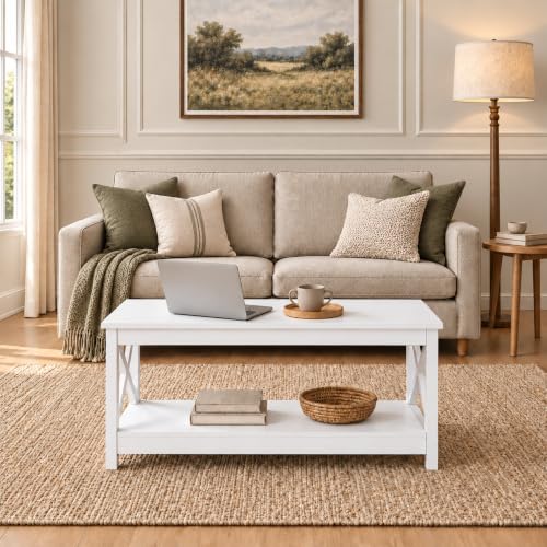 White Coffee Table for Living Room, X-Design Storage Shelf, 39.5"