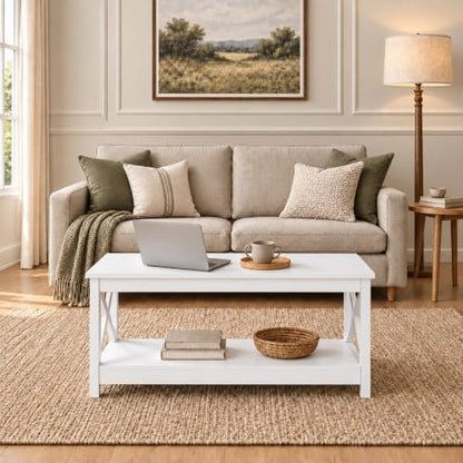 White Coffee Table for Living Room, X-Design Storage Shelf, 39.5"