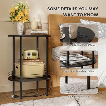 Small Oval Side Table with Charging Station, 2-Tier Black Round End Table