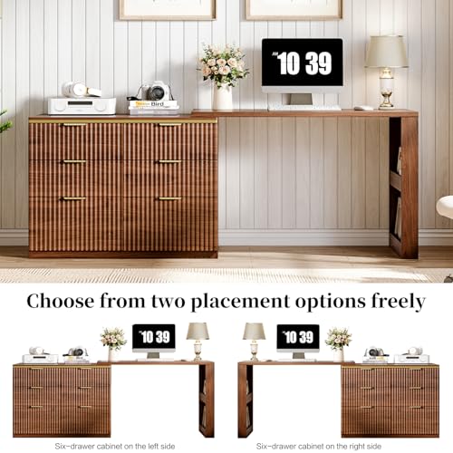 Computer Desk with 6 Drawers, 78" Modern Writing Desk with 0.98" Thickened Desktop & Storage Shelves, Adjustable direction & Extendable Executive Office Desk Study Table for Home Office, Walnut