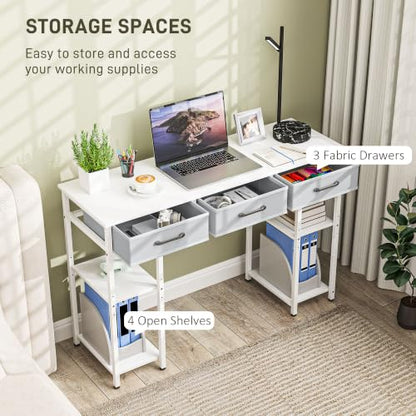 47" Computer Desk with 3 Fabric Drawers Home Office White