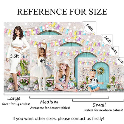 Mocsicka Easter Backdrop Blue Wooden Door with Brick Wall Bunny Rabbit Spring Photography Background Easter Day Party Decorations Photo Studio Props - size: 7x5ft (82x60 inch)