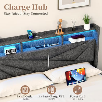King Size Bed Frame with Storage Headboard, Upholstered King Platform Bed Frame with LED Lights, USB Charging Station & 2 Storage Drawers, No Box Spring Needed, Dark Grey
