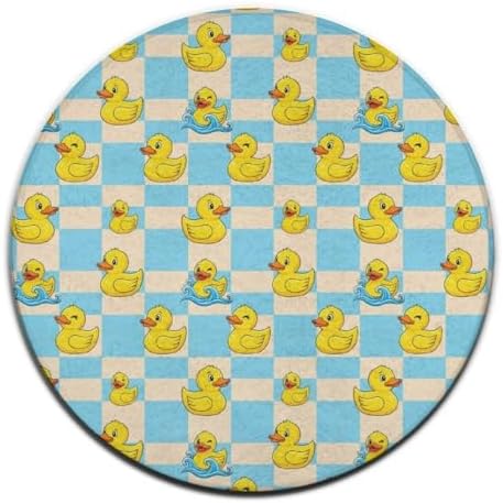 Women's Large Home Decor Mat, Soft Round Yoga Carpet, Non Slip Machine Washable Home Office Circle Rug Blue Checkered Funny Rubber Duck, 36inch