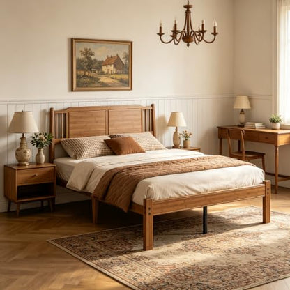 Bamboo Full Bed Frame with Farmhouse Headboard, Warm Brown Color