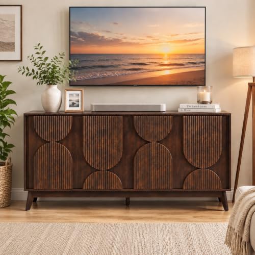 63 Inch Mid Century Modern Fluted Sideboard Buffet Cabinet Dark Walnut