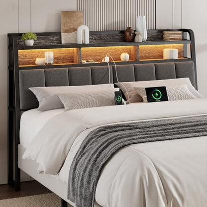 Ergonomic Headboard Queen Size with 2-Tier Storage, Black & Grey