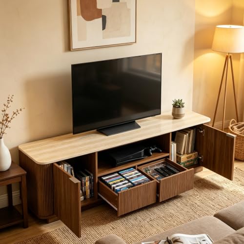 70" Mid-Century Modern Fluted TV Stand, 2 Drawer, Cabinet, Walnut