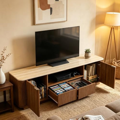 70" Mid-Century Modern Fluted TV Stand, 2 Drawer, Cabinet, Walnut