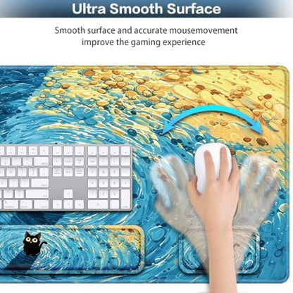 Desk Mat, Large Gaming Mouse Pad with Wrist Rest, 4in1 XXL Mousepad+Keyboard Wrist Rest+Mouse Pad Wrist Support+Cup Coaster Set Ergonomic Computer Desk Arm Wrist for Decor Home Office Women