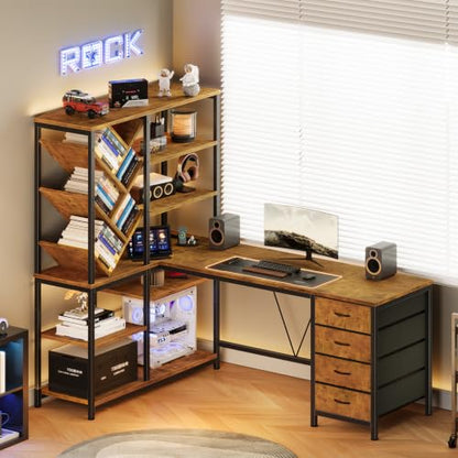 58" L Shaped Desk with Bookshelf and 3 Drawers for Home Office