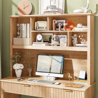 Fluted Computer Desk with Hutch, Wood Executive Desk with Ample File Drawer, Home Office Desk with Drawers for Study, Bedroom, Living Room, Natural
