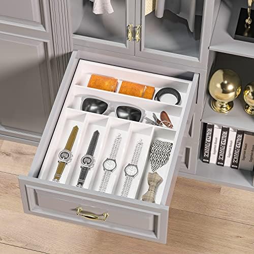 Utensil Organizer Silverware Drawer Organizer - 7 Slots Bamboo Cutlery Organizer Multi-Purpose Silverware Divider for Kitchen Flatware, Hair Accessories, Repair Tools, Art Set W13”x L17” (White)