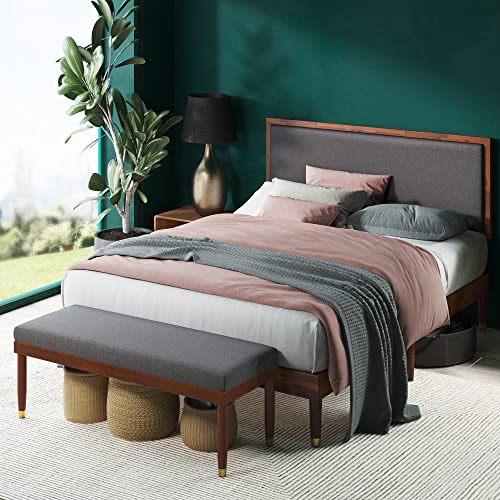 Raymond Wood Platform Bed Frame with Adjustable Upholstered Headboard, Solid Wood Foundation, Wood Slat Support, No Box Spring Needed, Easy Assembly, Queen
