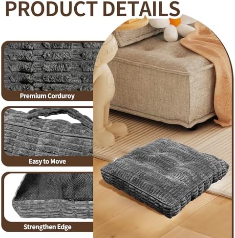 Floor Cushions, Corduroy Floor Pillow, Floors Pillows for Adults & Pets, Large Floors Pouf, Square Floored Pillows for Sitting & Yoga(2PC, Dark Grey，22"×22"×3.9")