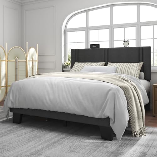Queen Platform Bed Frame, Fabric Upholstered Queen Bed Frame, Solid Wood Slats & Heavy Duty Feet Support, No Box Spring Needed, Noise-Free, Easy Assembly, Dark Grey