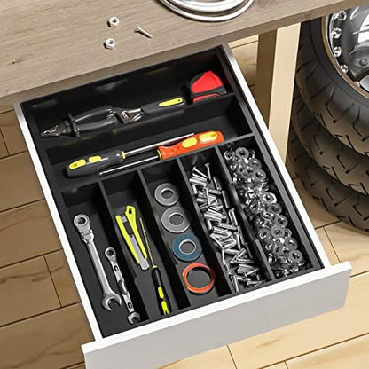 Utensil Organizer Silverware Drawer Organizer - 7 Slots Bamboo Silverware Tray For Kitchen Cutlery Office Supplies Makeup Desk Storage Garage Tool Organization W13”x L17” (Black)