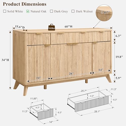 60 Inch Fluted Buffet Sideboard Cabinet, Natural Oak