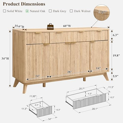 60 Inch Fluted Buffet Sideboard Cabinet, Natural Oak