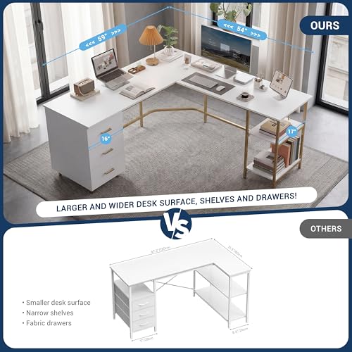 59" Two-Tone L‑Shaped Office Desk with Storage Shelves, Gold