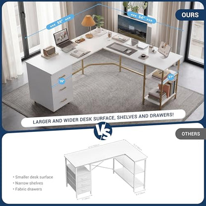 59" Two-Tone L‑Shaped Office Desk with Storage Shelves, Gold