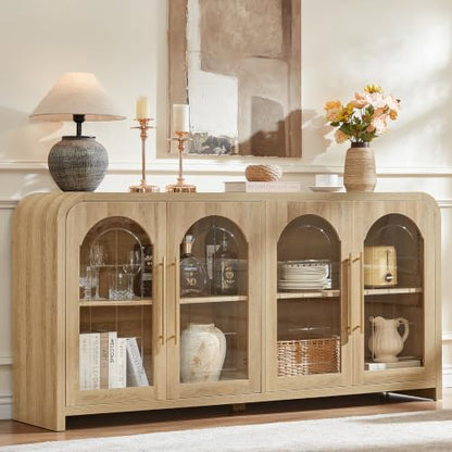 65" Sideboard Buffet Cabinet with Arched Glass Doors, Natural