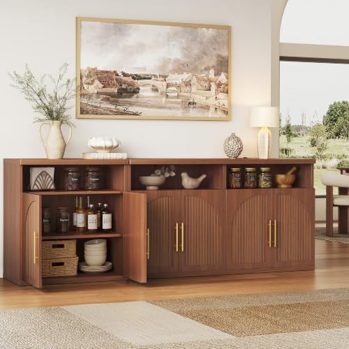 63" Wide Fluted Buffet Cabinet with Open Storage Shelf, Walnut