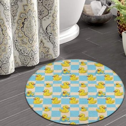 Women's Large Home Decor Mat, Soft Round Yoga Carpet, Non Slip Machine Washable Home Office Circle Rug Blue Checkered Funny Rubber Duck, 36inch