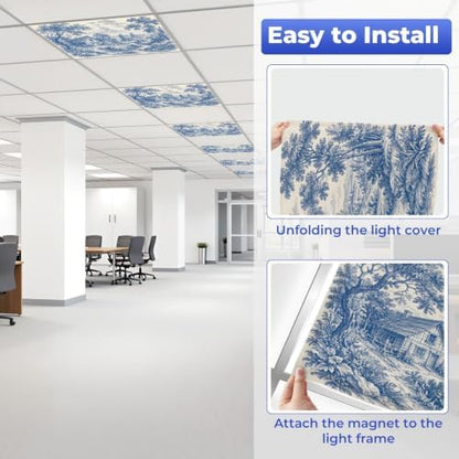 6 Pcs Fluorescent Light Covers for Ceiling Lights Woodland vintage Blue white Magnetic Light Filters Decorative for Classroom Office Hospital Home 4x2 Ft