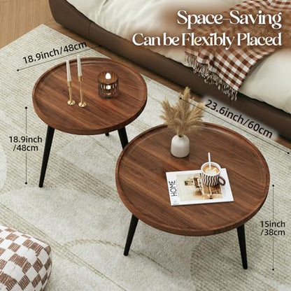 2 Pcs Small Modern Coffee Table Round,Mid Century Walnut Nesting Tables