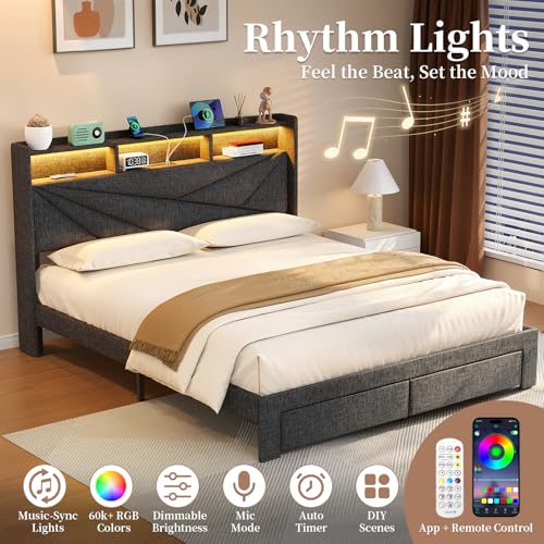King Size Bed Frame with Storage Headboard, Upholstered King Platform Bed Frame with LED Lights, USB Charging Station & 2 Storage Drawers, No Box Spring Needed, Dark Grey