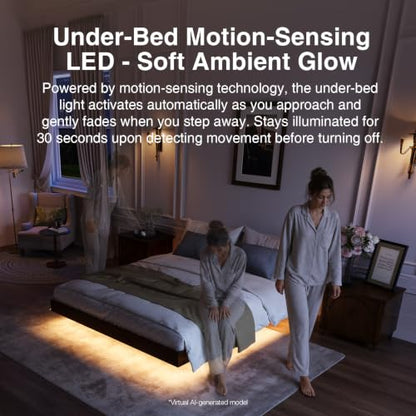 Floating Solid Wood Queen Bed Frame with Motion Sensor LED Light & Charging Station, Heavy Duty Platform Bed Frame, Noise-Free, No Box Spring Needed, Walnut Finish